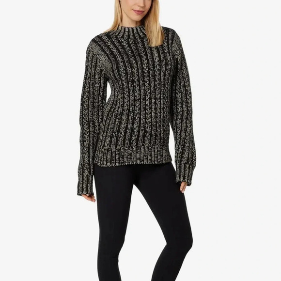 Blanc Noir® Lurex Cable Knit Sweater Size Large Black Silver Crew Neck NEW - Picture 4 of 13